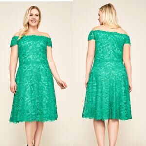 Tadashi Shoji Elidi Off The Shoulder Lace Floral Green Dress